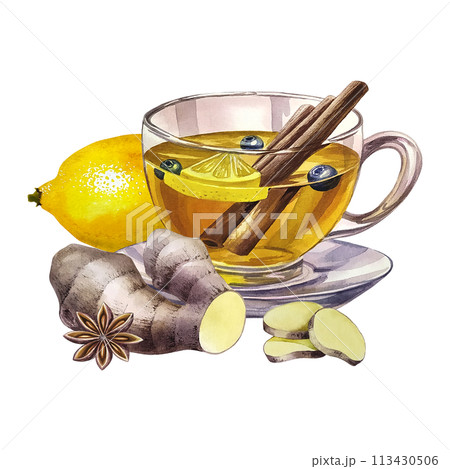A cup of tea with lemon, ginger, cinnamon and star anise. A glass transparent cup filled with tea. a hand-drawn watercolor illustration. For design solutions of invitation, banner, packaging and menu 113430506