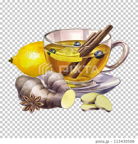 A cup of tea with lemon, ginger, cinnamon and star anise. A glass transparent cup filled with tea. a hand-drawn watercolor illustration. For design solutions of invitation, banner, packaging and menu 113430506