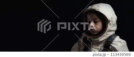 Boy child in uniform suit, helmet of hero of brave profession of an astronaut 113430569