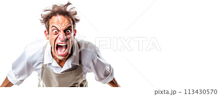 Angry male professional cleaner with a tool in a service uniform, white background isolate. 113430570