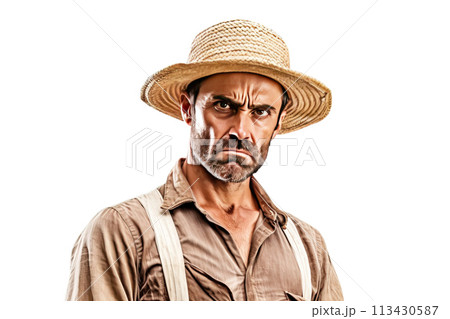Excited irritated angry male farmer in work clothes, white background isolate. 113430587