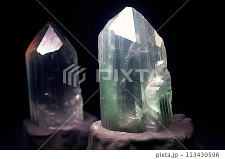 Goshenite is rare precious natural stone on black background. AI generated. Header banner mockup with space. 113430596