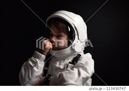 Boy child in uniform suit, helmet of hero of brave profession of an astronaut Boy child in uniform suit, helmet of hero of brave profession of an astronaut 113430747