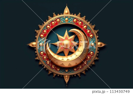 Festive gold symbols for Ramadan, Islamic Muslim religious event. Background dark monochrome Festive gold symbols for Ramadan, Islamic Muslim religious event. Background dark monochrome 113430749