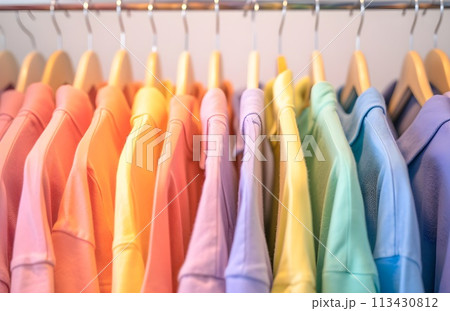 Colorful clothes on a clothing rack, home wardrobe concept image Colorful clothes on a clothing rack, home wardrobe concept image 113430812