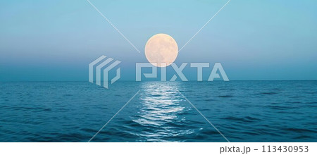 Full moon over blue sea water in pastel sky, nature background 113430953