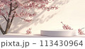 minimal product display white podium with cherry blossom background, 3d render 113430964