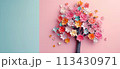 Artificial tree made of colorful paper flowers on pastel background, pink and blue 113430971