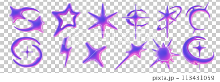 3D y2k star icon set, plastic space futuristic abstract shape, glossy neon cosmic design elements.  113431059