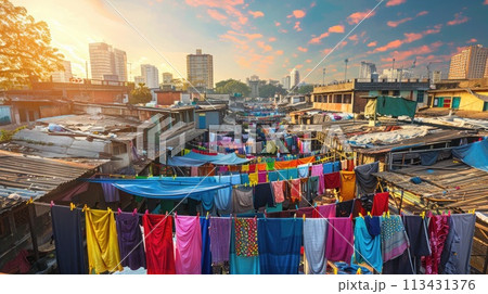 Mumbai. The unique lifestyle of the city displayed at Dhobi Ghat's open-air laundry 113431376
