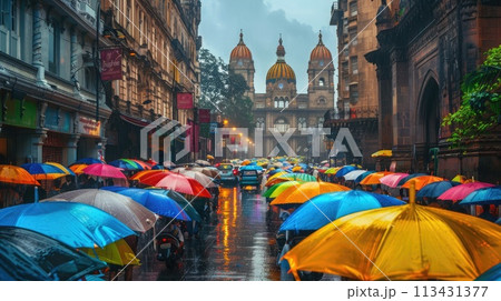 Mumbai. Monsoon in Mumbai, colorful umbrellas and Chhatrapati Shivaji Maharaj Terminus afar Mumbai. Monsoon in Mumbai, colorful umbrellas and Chhatrapati Shivaji Maharaj Terminus afar 113431377