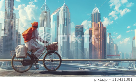 Mumbai. Traditional meal delivery by dabbawala among towering skyscrapers on his bike 113431391
