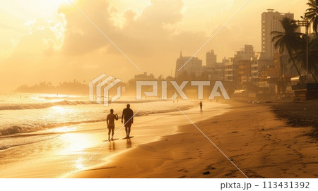 Mumbai. Early hours at Juhu Beach: tranquil yoga, joggers, vast sands, rising sun Mumbai. Early hours at Juhu Beach: tranquil yoga, joggers, vast sands, rising sun 113431392