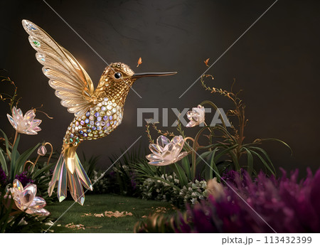beautiful crystal jewelry hummingbird for branding and design. digital artwork.  Ai generated 113432399