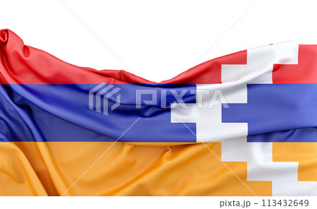 Flag of Artsakh (Nagorno-Karabakh) isolated on white background with copy space above. 3D rendering Flag of Artsakh (Nagorno-Karabakh) isolated on white background with copy space above. 3D rendering 113432649