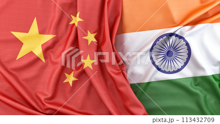 Flags of China and India. 3D Rendering 113432709
