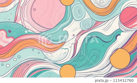 A background of smooth pastel lines, waves and whimsical shapes 113432760
