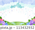 梅雨、背景、イラスト、雨、あじさい、明るい、横型、水彩 113432932