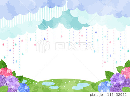 梅雨、背景、イラスト、雨、あじさい、明るい、横型、水彩 梅雨、背景、イラスト、雨、あじさい、明るい、横型、水彩 113432932