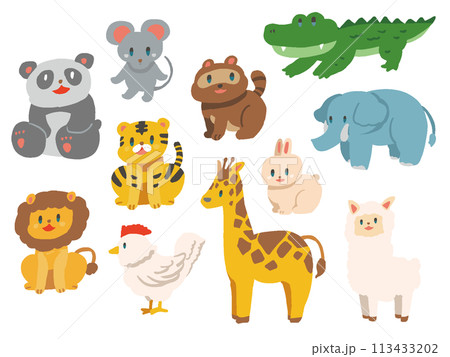 ポップなデフォルメ風動物のイラストセット 113433202