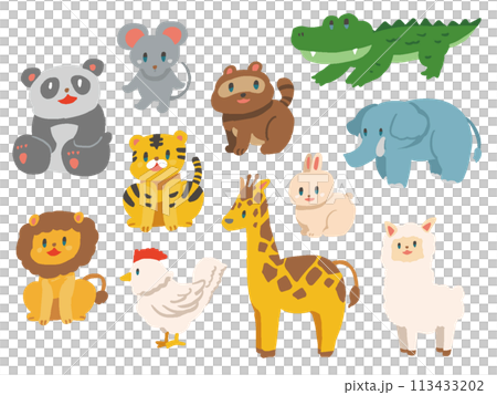 ポップなデフォルメ風動物のイラストセット 113433202
