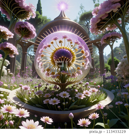 A digital illustration of a fantastical and whimsical garden. 113433229