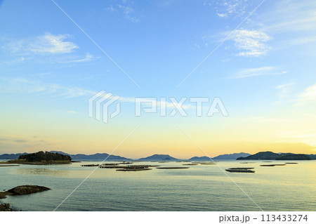 牡蠣筏並ぶ瀬戸内の夕焼け 牡蠣筏並ぶ瀬戸内の夕焼け 113433274