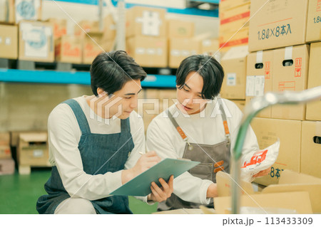 倉庫での軽作業をするエプロン姿の作業員 113433309
