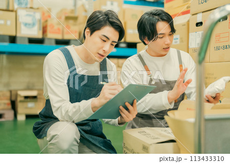 倉庫での軽作業をするエプロン姿の作業員 113433310