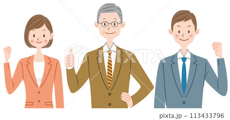 ガッツポーズ　サムズアップする会社員　仕事仲間 チームワーク 113433796