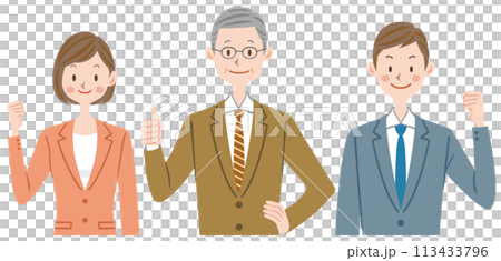 ガッツポーズ　サムズアップする会社員　仕事仲間 チームワーク 113433796