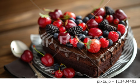 Heart-shaped chocolate cake adorned with berries and cherries, a sweet delight, Ai Generated 113434402