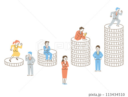 金貨が積み重なったグラフとスーツを着た人たち_色 113434510