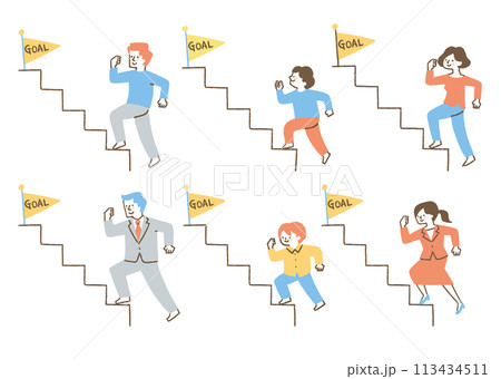 ゴールに向かって階段を登る人たちのセット_色 113434511