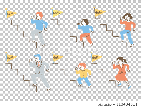 ゴールに向かって階段を登る人たちのセット_色 ゴールに向かって階段を登る人たちのセット_色 113434511