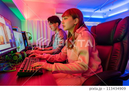 ゲームを楽しむカップル 113434909