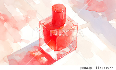 赤いネイルのマニキュアボトルの水彩イラスト 113434977