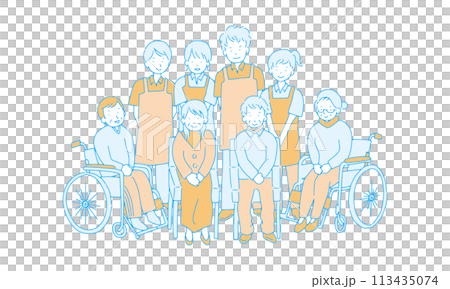 車椅子の高齢者と介護する人たちの線画のベクターイラストセット 車椅子の高齢者と介護する人たちの線画のベクターイラストセット 113435074