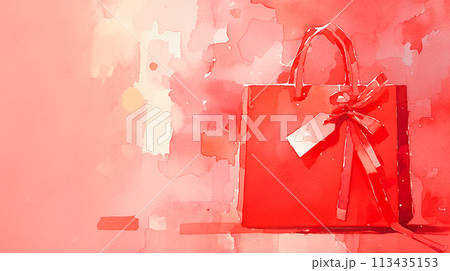 可愛いリボンのついた赤い紙袋の水彩イラスト 113435153