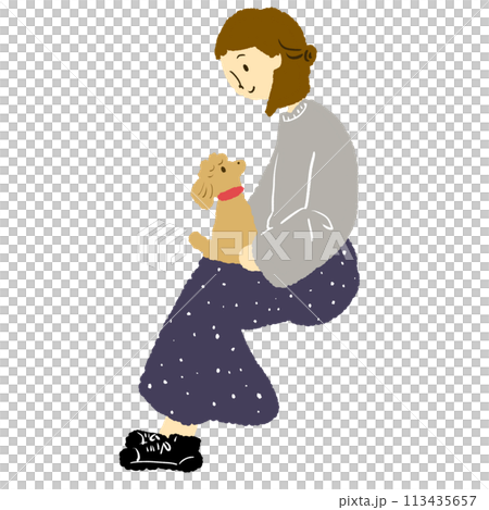 Woman with pet dog on her lap 113435657