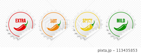 Realistic Vector Round Stickers with Spicy Chili Pepper Icon, Food Spicy Level. Red, Orange, Yellow, Green Jalapeno Pepper Strength Scale Sticker Indicators with Mild, Spicy, Hot and Extra Positions 113435853