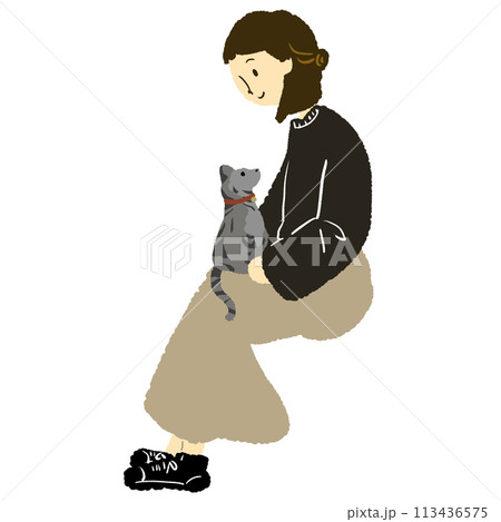 猫を膝にのせる女性のイラスト 113436575