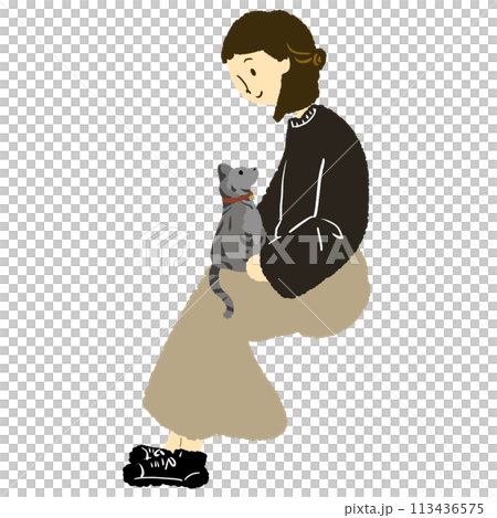 猫を膝にのせる女性のイラスト 113436575