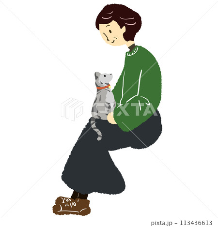 猫を膝にのせる年配女性のイラスト 猫を膝にのせる年配女性のイラスト 113436613