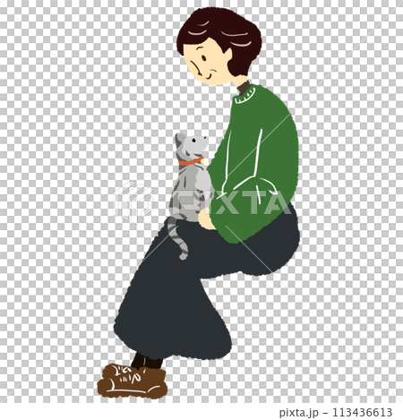 猫を膝にのせる年配女性のイラスト 猫を膝にのせる年配女性のイラスト 113436613