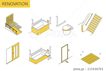 住宅リフォーム、介護保険・補助金の対象になる介護リフォーム、シンプルなアイソメトリックイラスト 住宅リフォーム、介護保険・補助金の対象になる介護リフォーム、シンプルなアイソメトリックイラスト 113436761