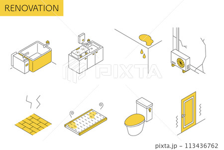 住宅リフォーム、古い設備の交換や補修、シンプルなアイソメトリックイラスト 113436762
