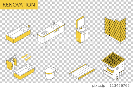 家庭裝修、系統浴室、系統廚房、太陽能發電等的簡單等距插圖。 113436763