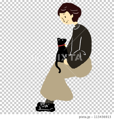 Illustration of an elderly woman with a cat on her lap 113436913