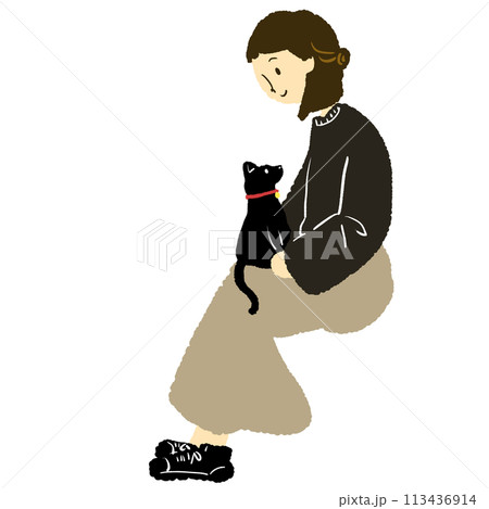 猫を膝にのせる女性のイラスト 猫を膝にのせる女性のイラスト 113436914